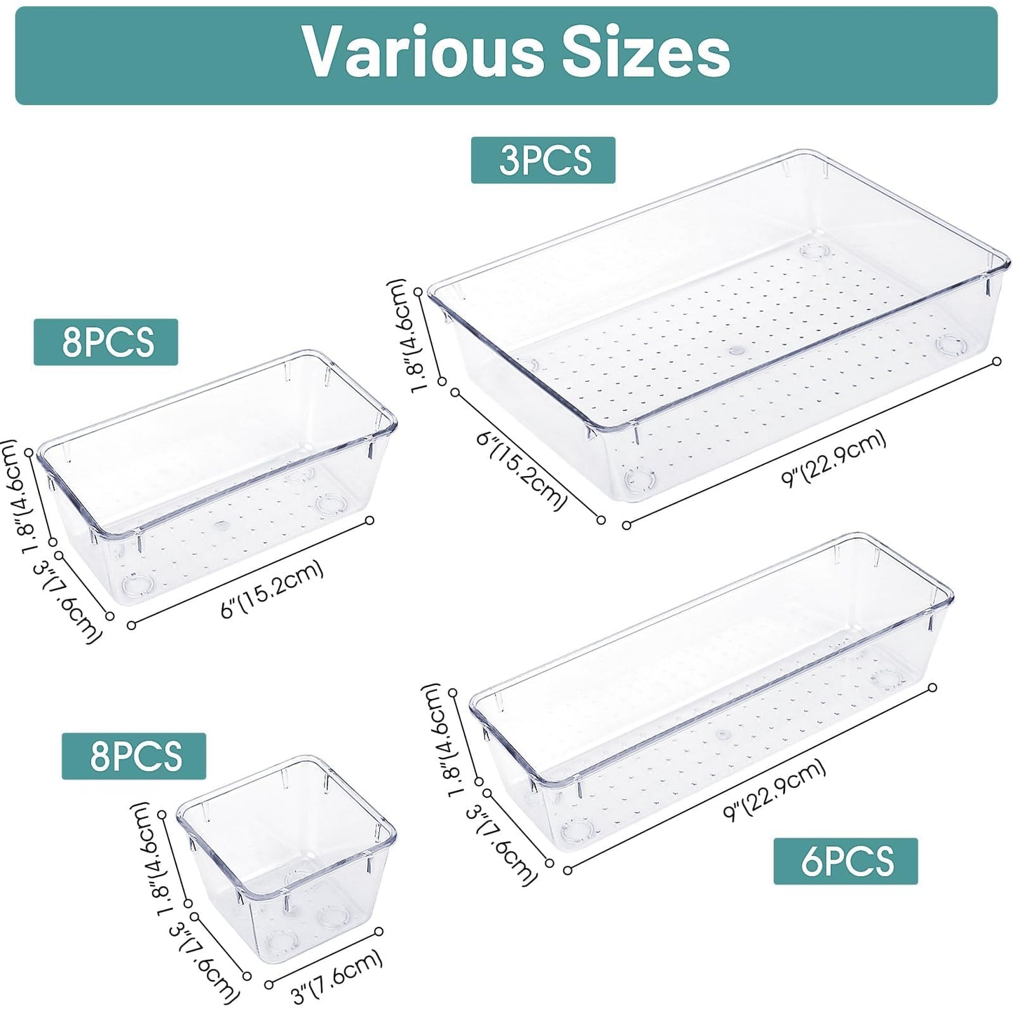 WOWBOX 25 Piece Clear Plastic Drawer Organizer Set - 4 Sizes Non-Slip Design