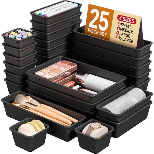 KEMETHY 25 Piece Black Plastic Drawer Organizer Set - 4 Sizes for Desk Bathroom Kitchen