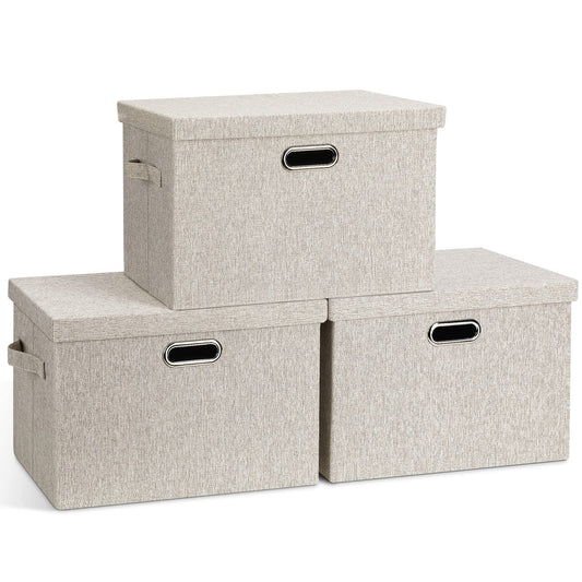 Graciadeco Large Collapsible Storage Bins with Lids 3 Pack Beige - Stackable Organizer