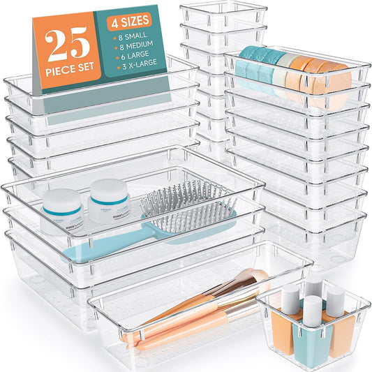 WOWBOX 25 Piece Clear Plastic Drawer Organizer Set - 4 Sizes Non-Slip Design